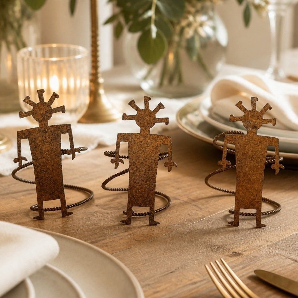 Napkin Rings Unisex OS Brown Excellent Kokopelli Metal Set of 3 Rustic